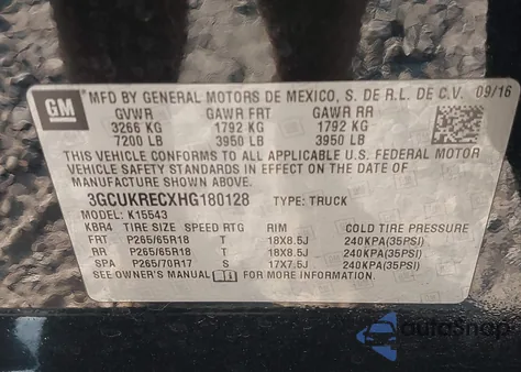 2017 Chevrolet Silverado 1500 2Lt из США, поврежденный, VIN 3GCUKRECXHG180128